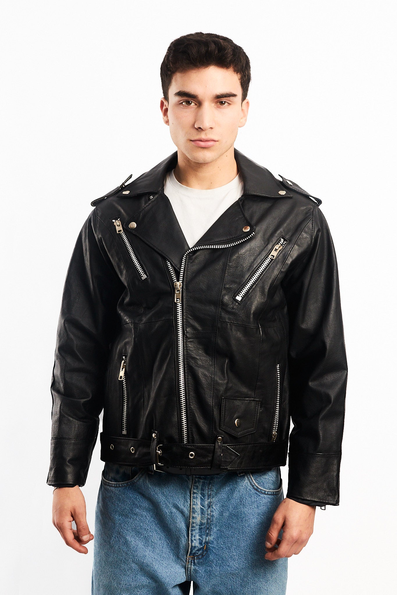 Vintage Tennis Black Leather Biker Jacket (M/L)