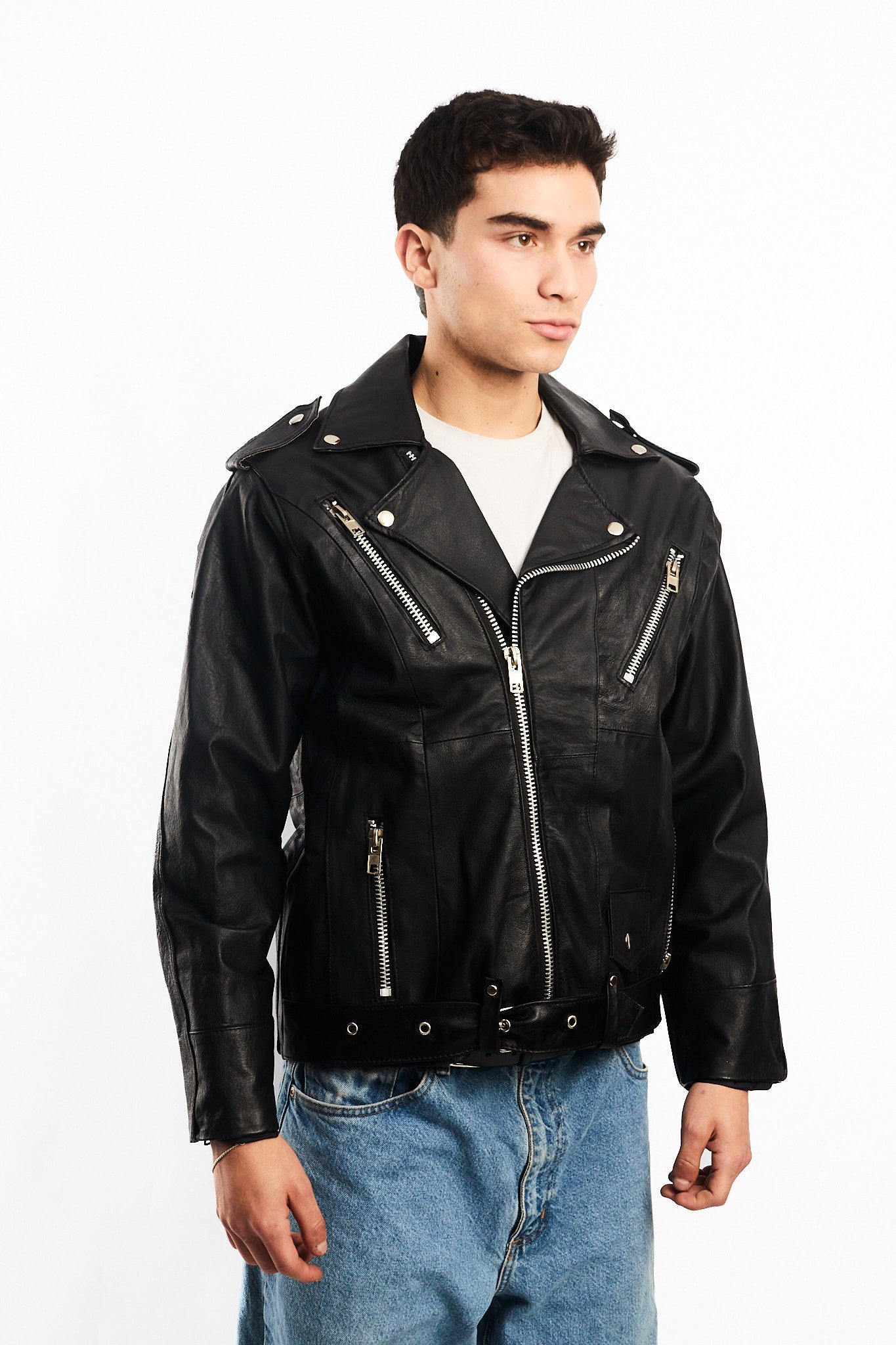 Vintage Tennis Black Leather Biker Jacket (M/L)