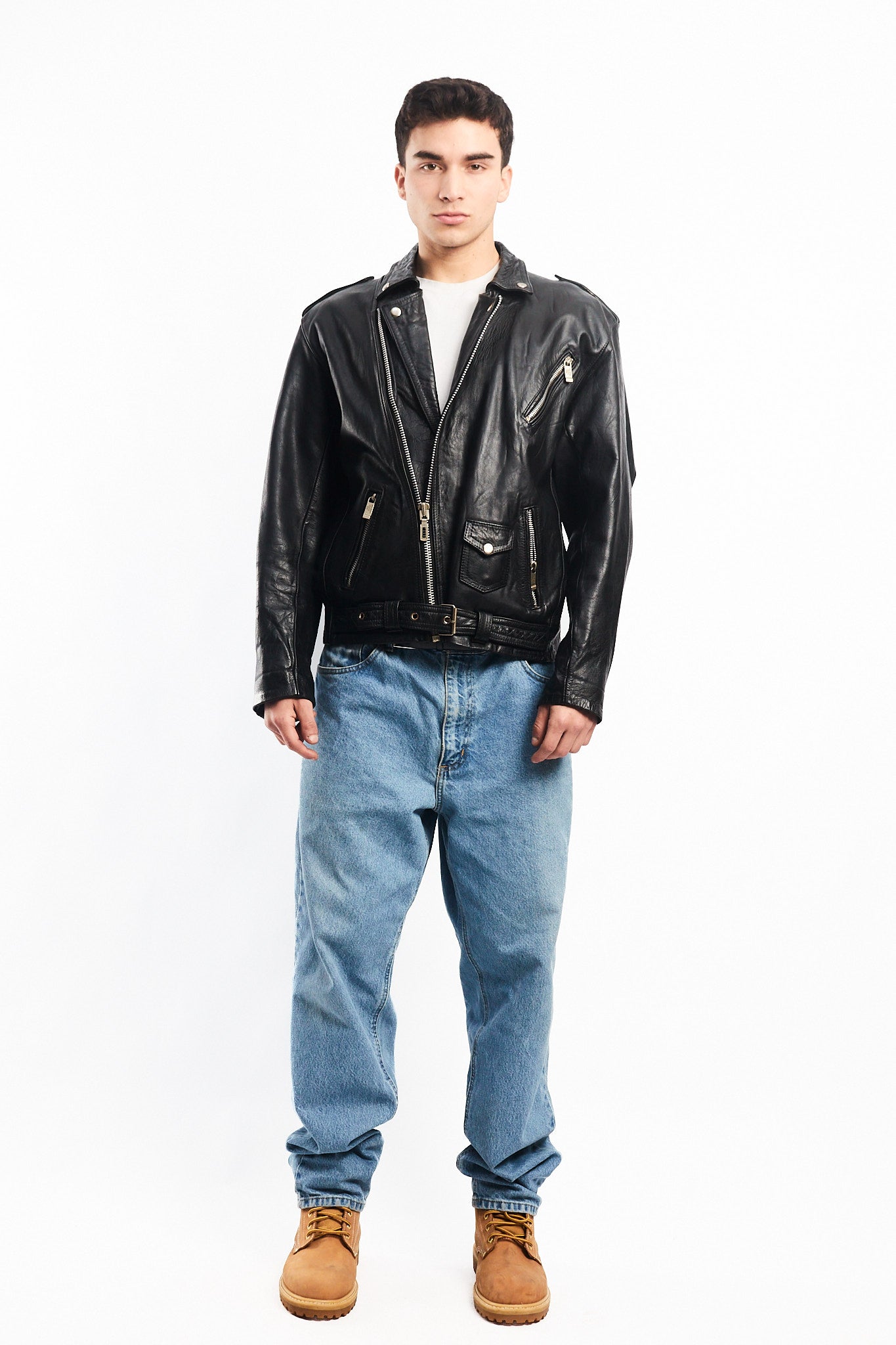 Vintage Black Leather Biker Jacket (L)