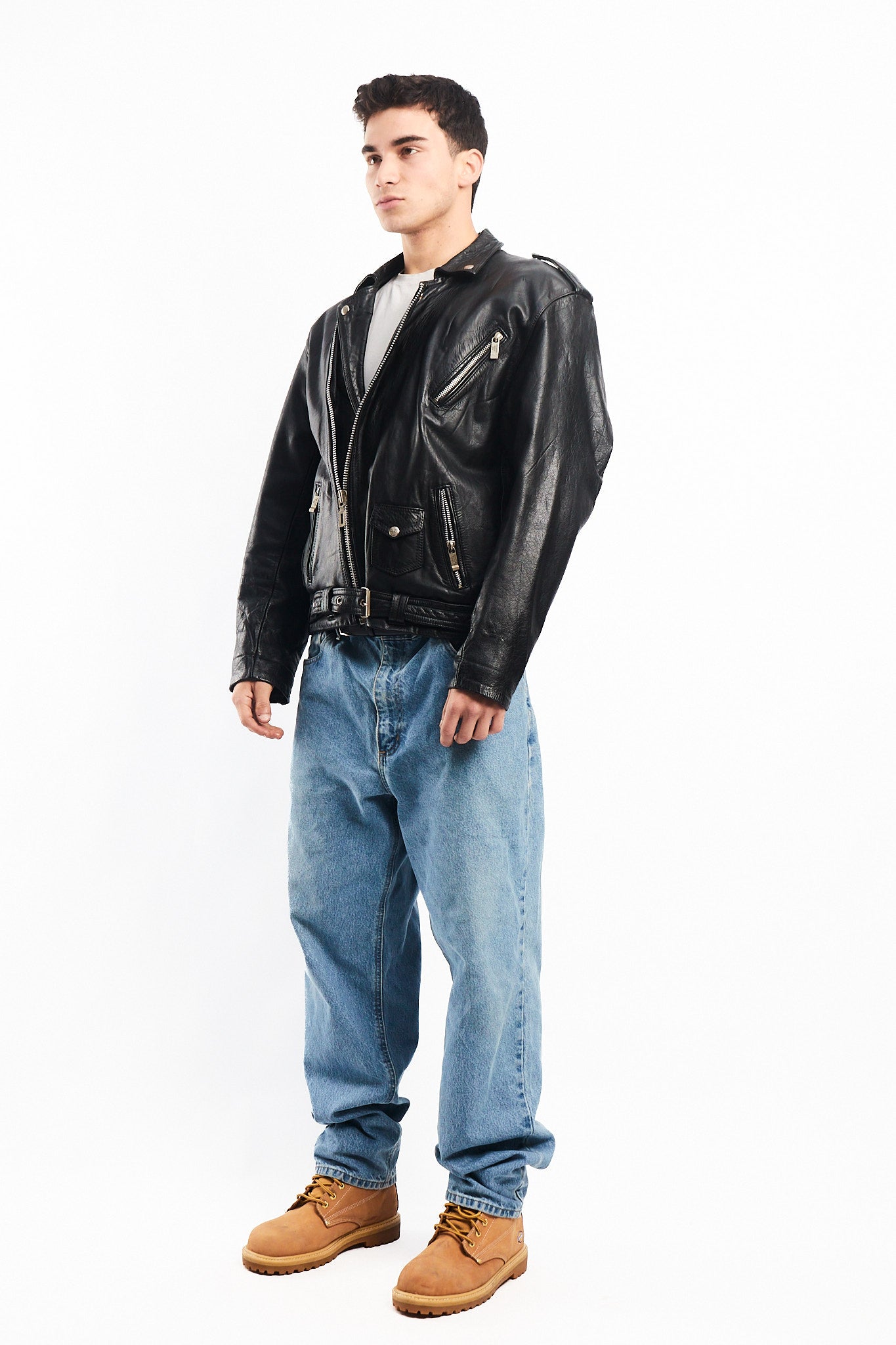Vintage Black Leather Biker Jacket (L)