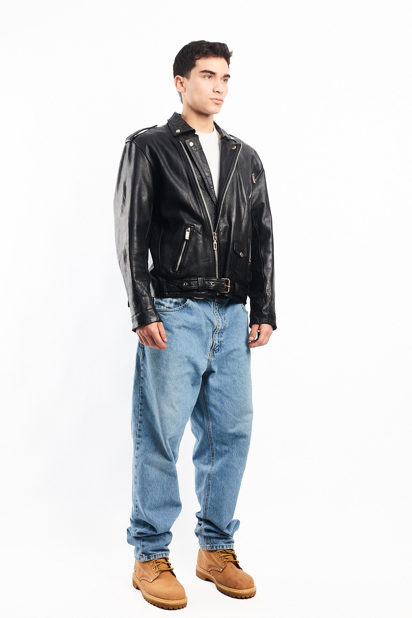 Vintage Black Leather Biker Jacket (L)
