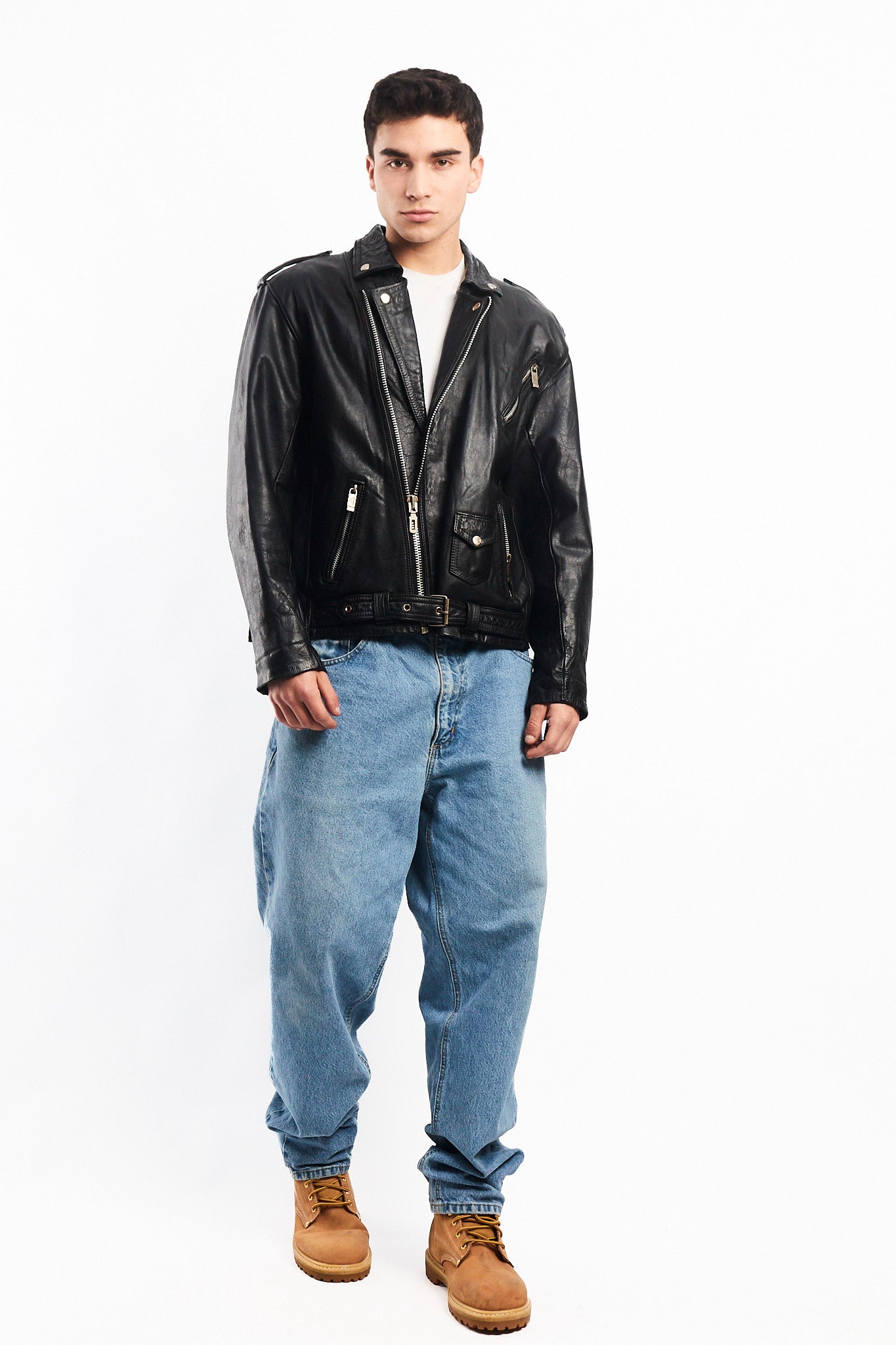 Vintage Black Leather Biker Jacket (L)