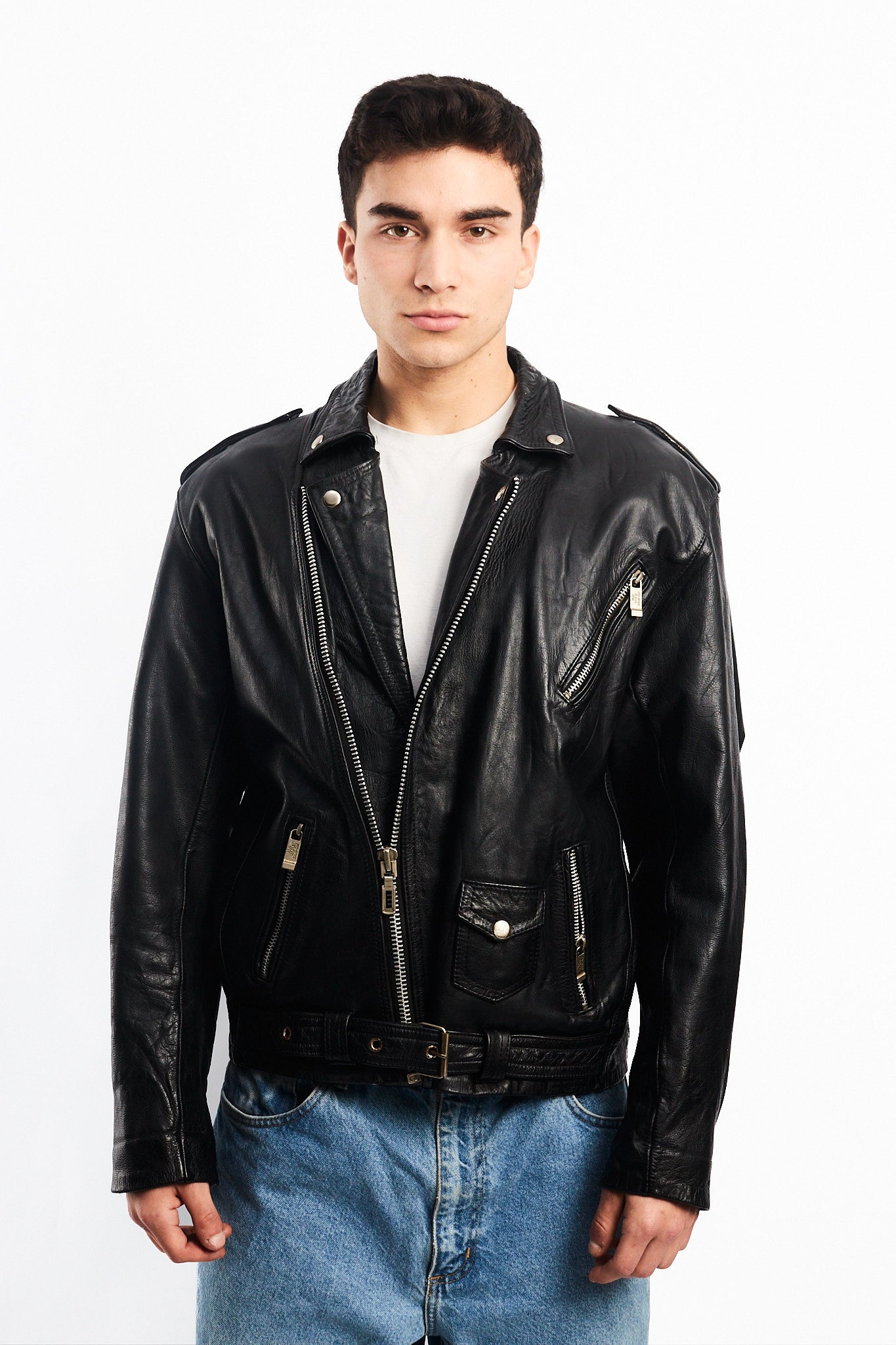 Vintage Black Leather Biker Jacket (L)