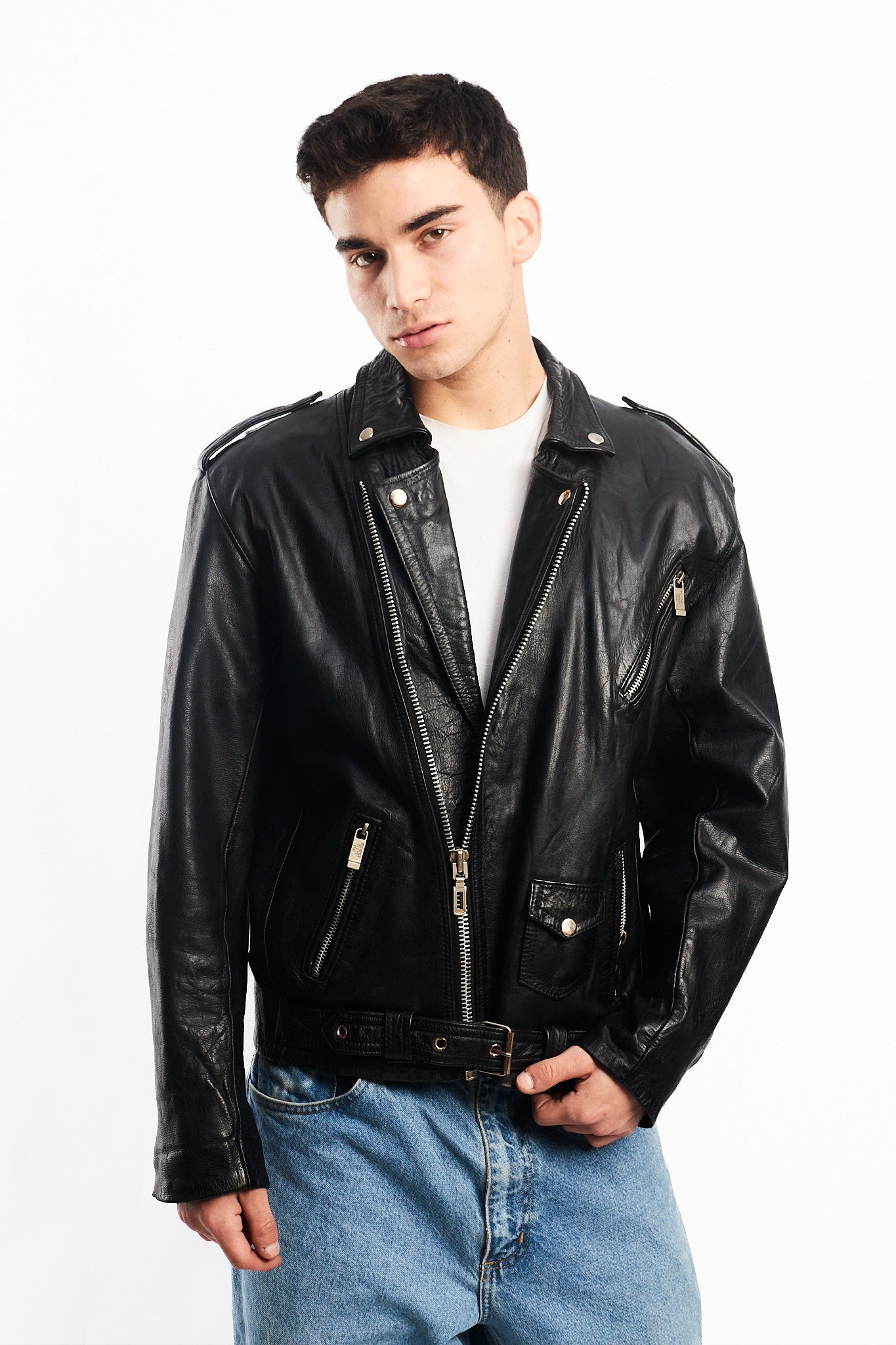 Vintage Black Leather Biker Jacket (L)