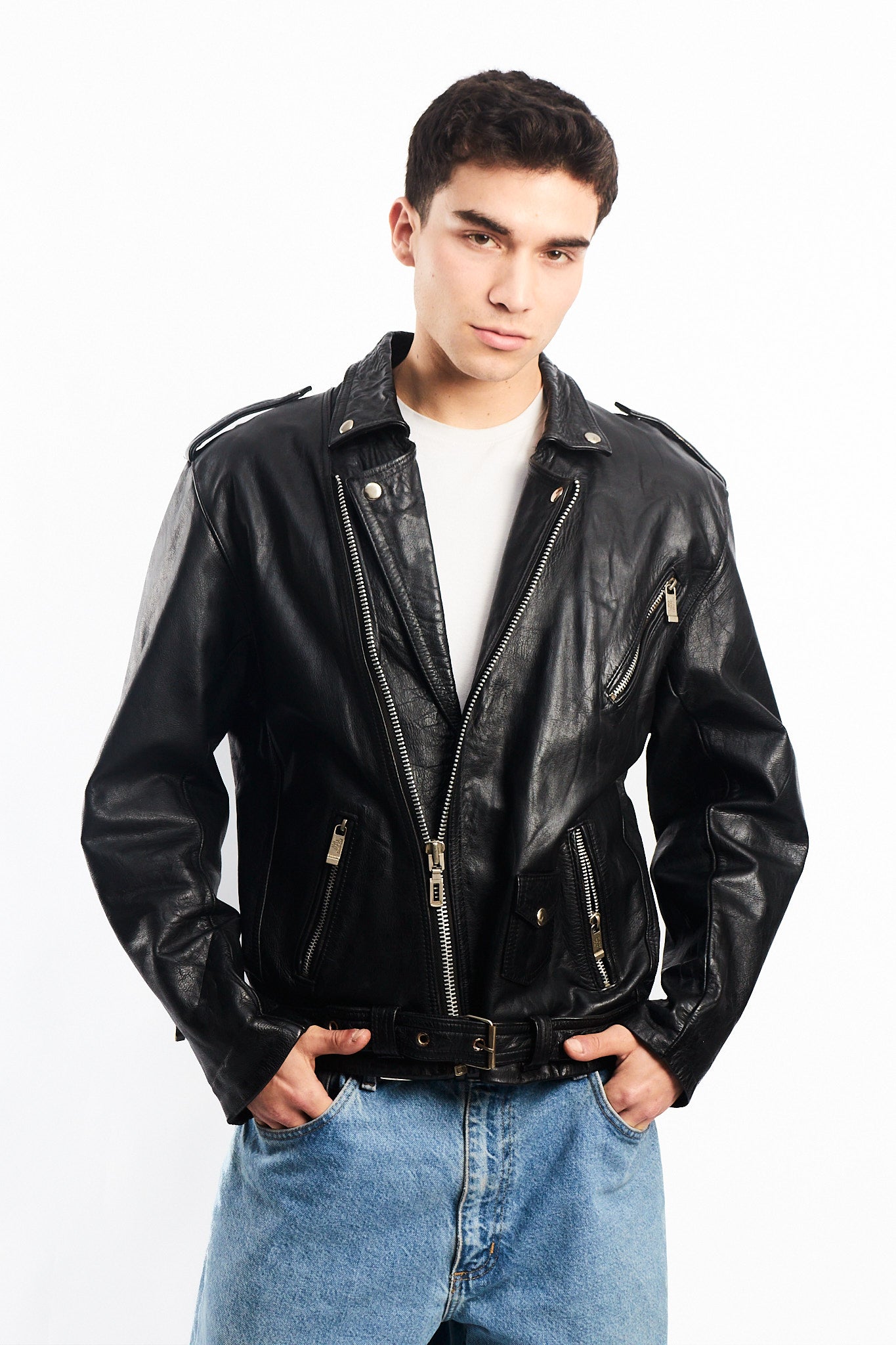 Vintage Black Leather Biker Jacket (L)