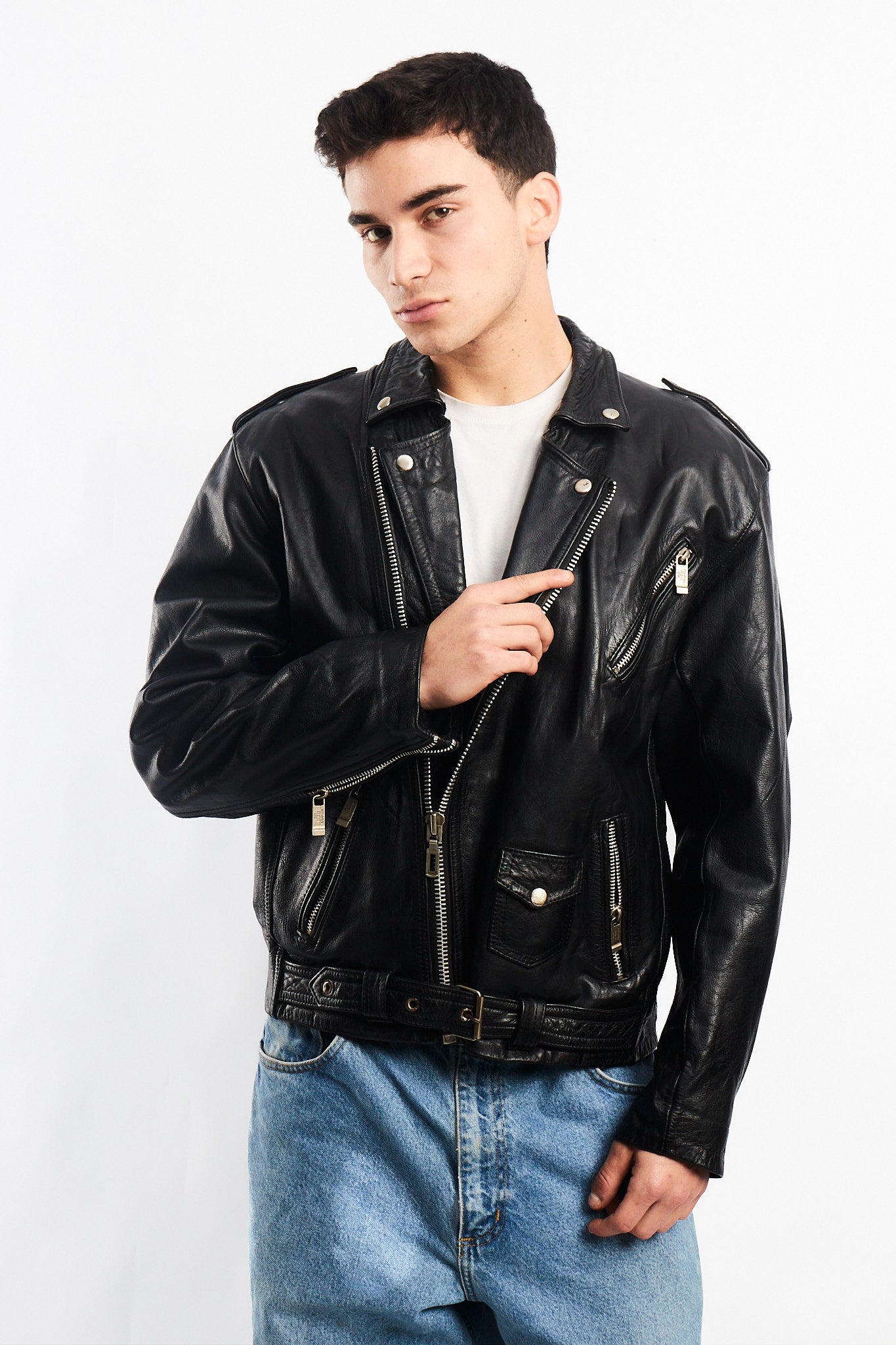 Vintage Black Leather Biker Jacket (L)