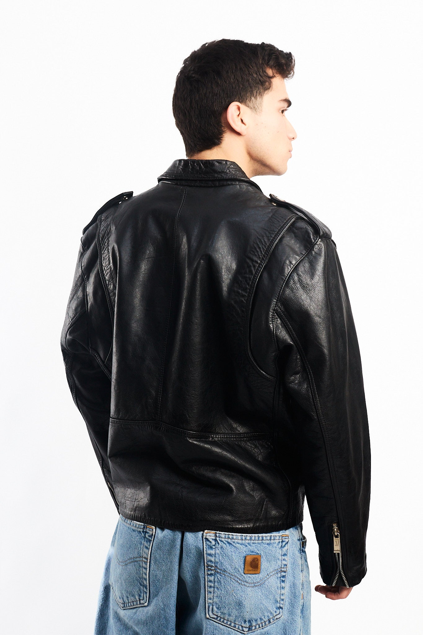 Vintage Black Leather Biker Jacket (L)