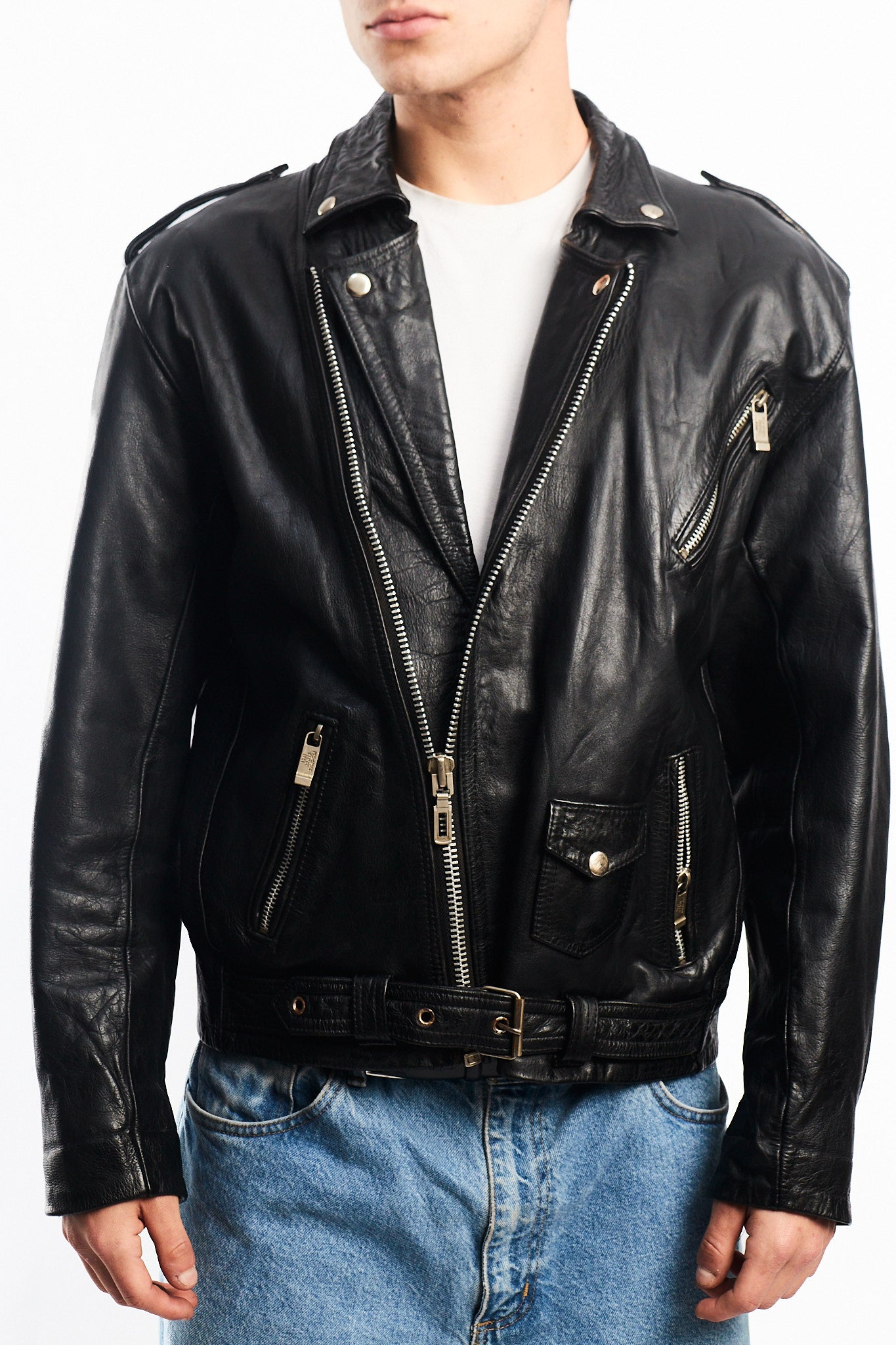 Vintage Black Leather Biker Jacket (L)