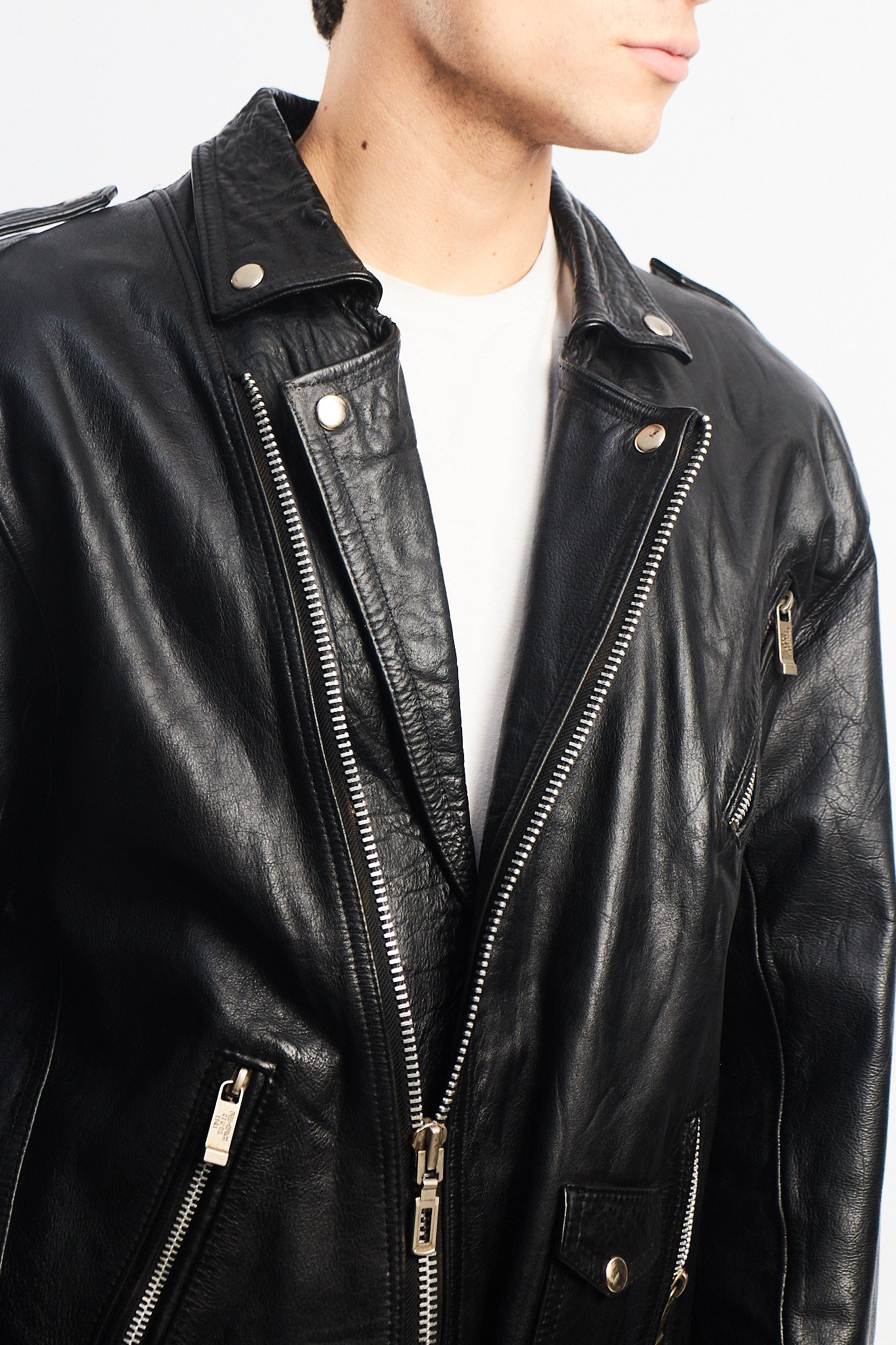 Vintage Black Leather Biker Jacket (L)