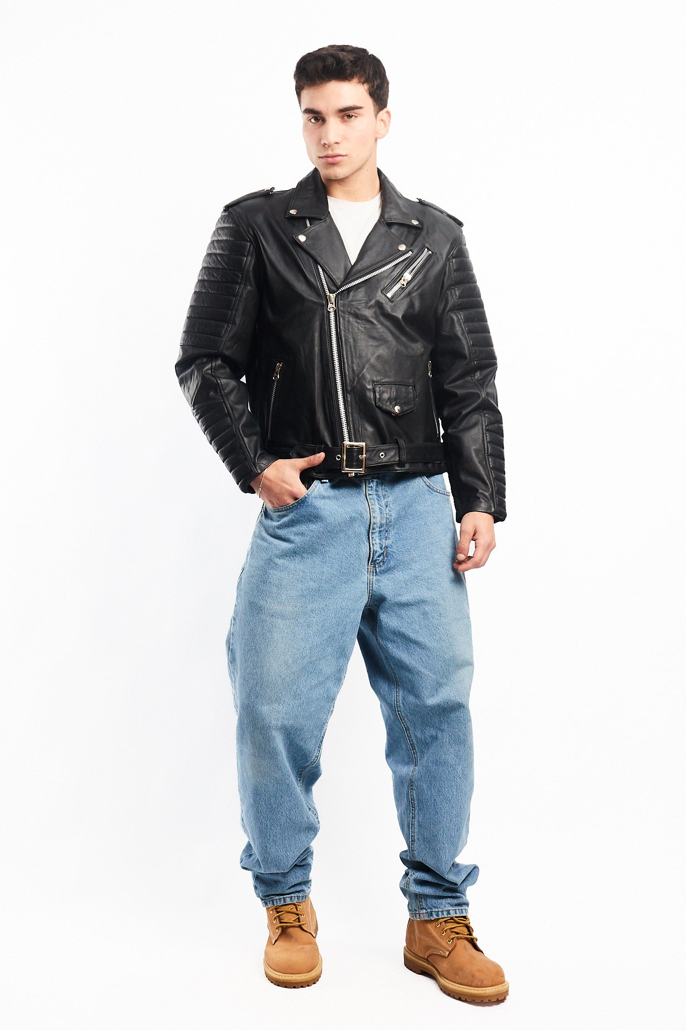 Vintage Black Leather Biker Jacket (M)