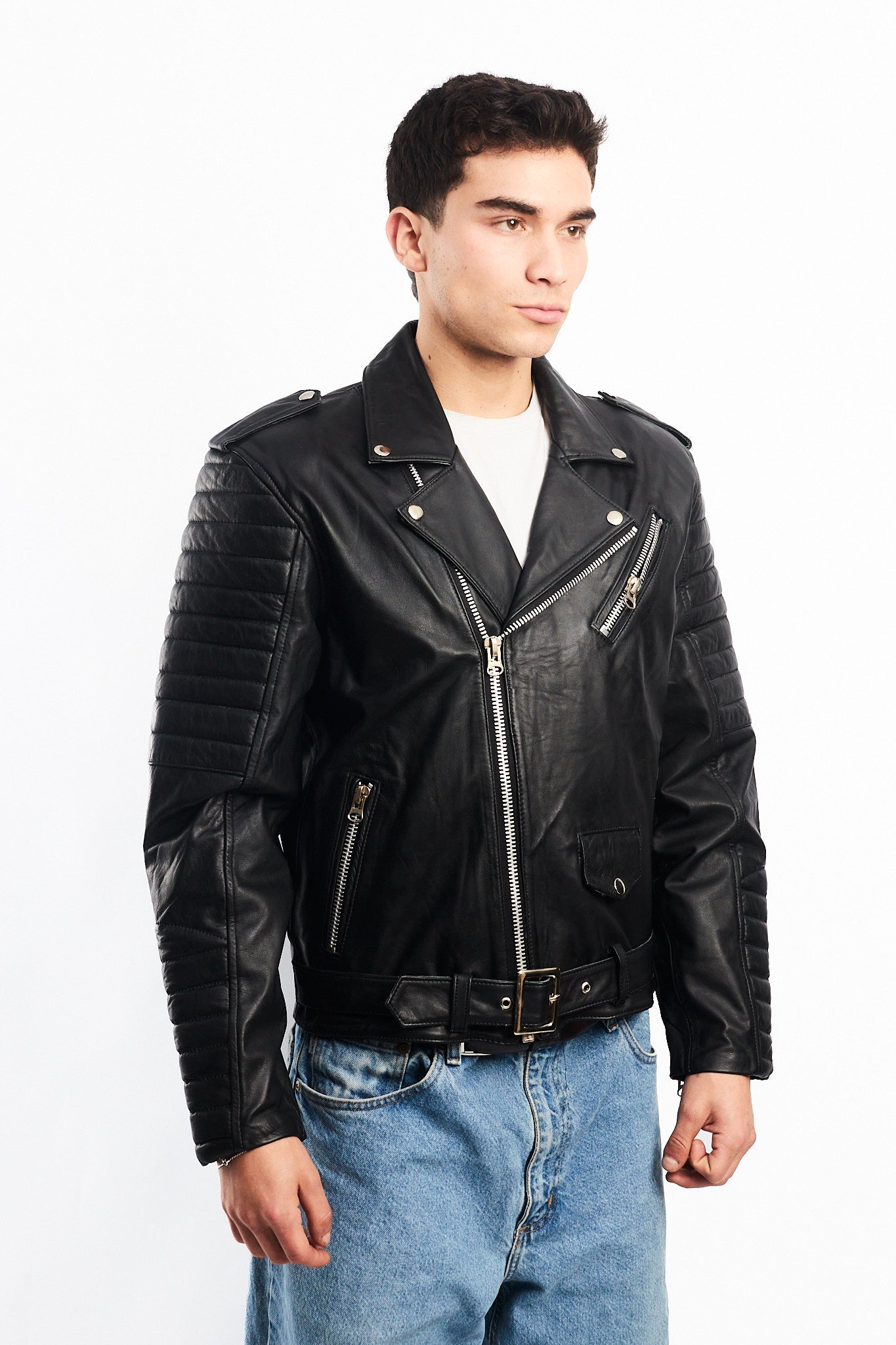 Vintage Black Leather Biker Jacket (M)