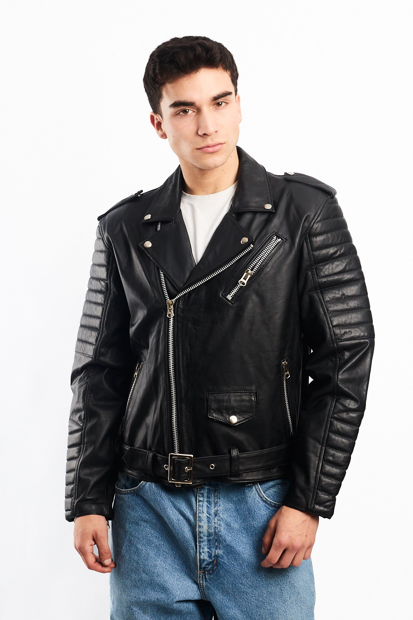 Vintage Black Leather Biker Jacket (M)