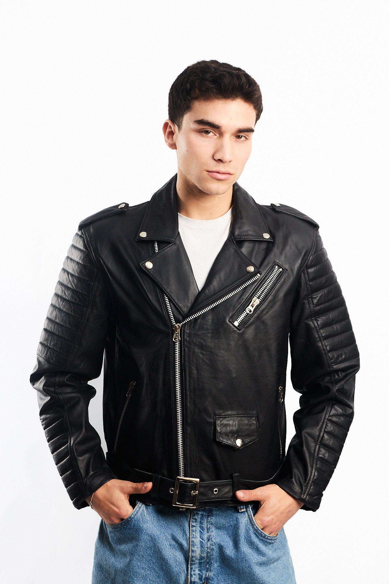 Vintage Black Leather Biker Jacket (M)
