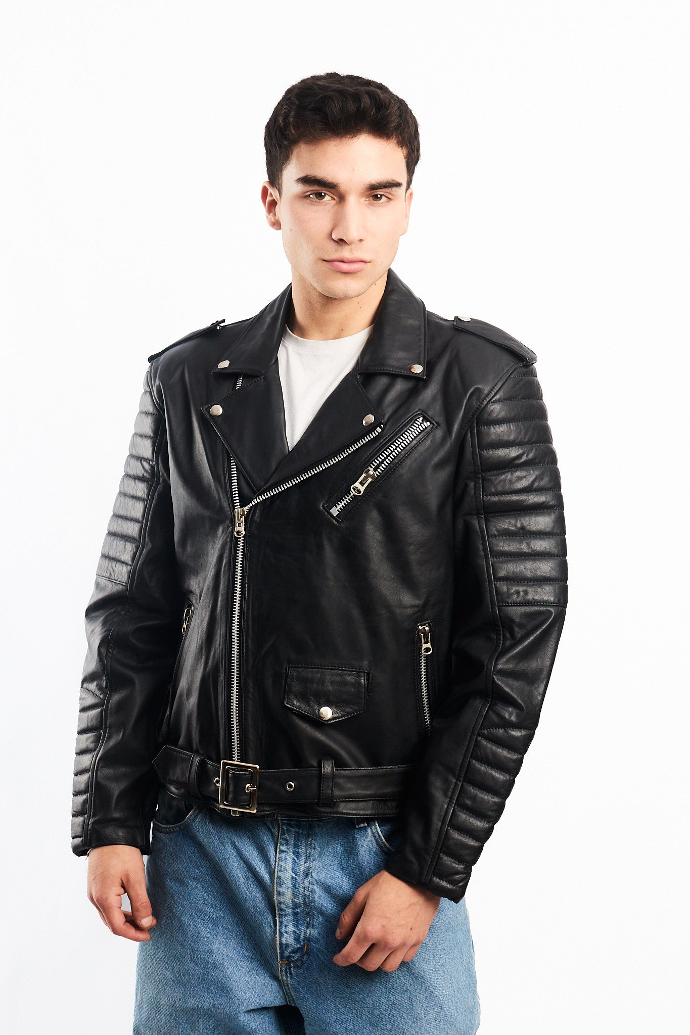 Vintage Black Leather Biker Jacket (M)