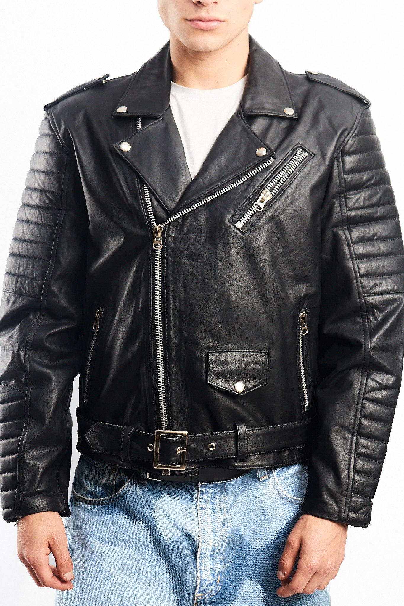 Vintage Black Leather Biker Jacket (M)