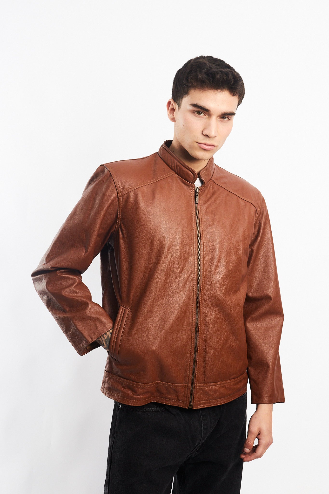 Genuine Leather Caramel Bomber Jacket (M)