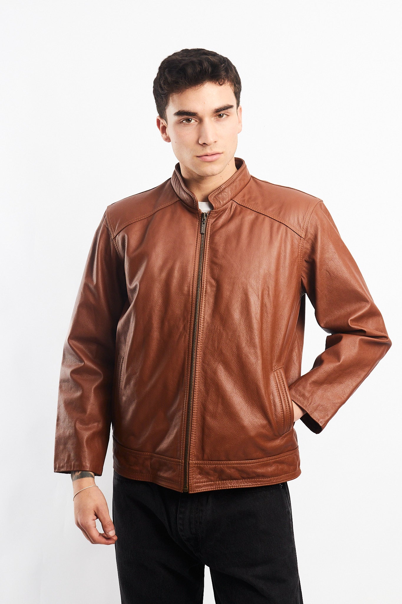Genuine Leather Caramel Bomber Jacket (M)