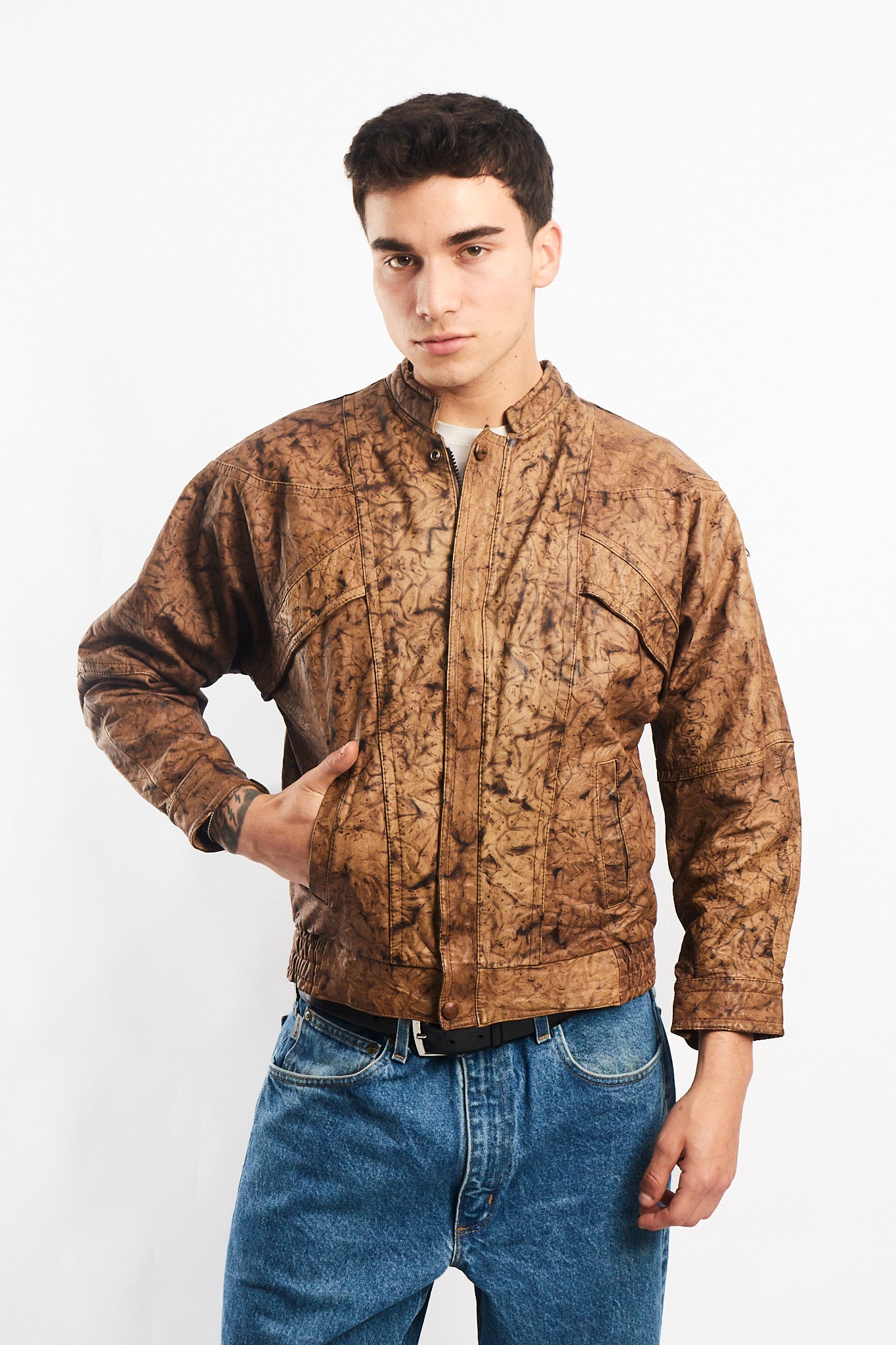 Vintage Camo Leather Bomber Jacket (S/M)