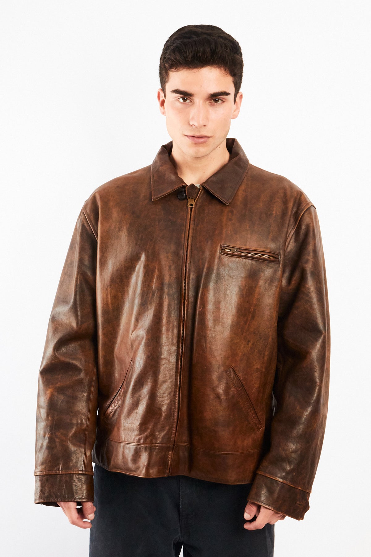 2000 Vintage Polo Ralph Lauren Distressed Leather Harrington (L/XL)