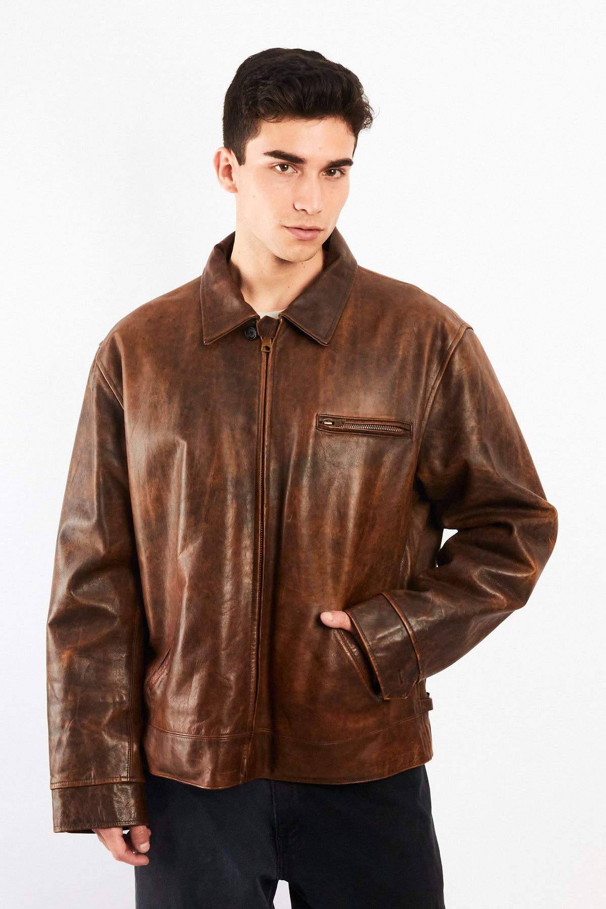 2000 Vintage Polo Ralph Lauren Distressed Leather Harrington (L/XL)
