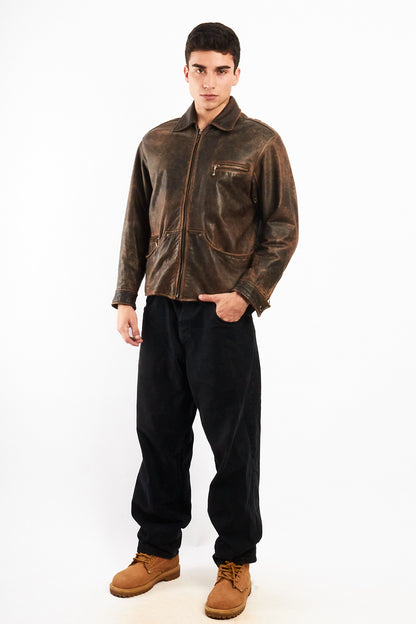 1990 Vintage Winlit Distressed Leather Utility Jacket (M)