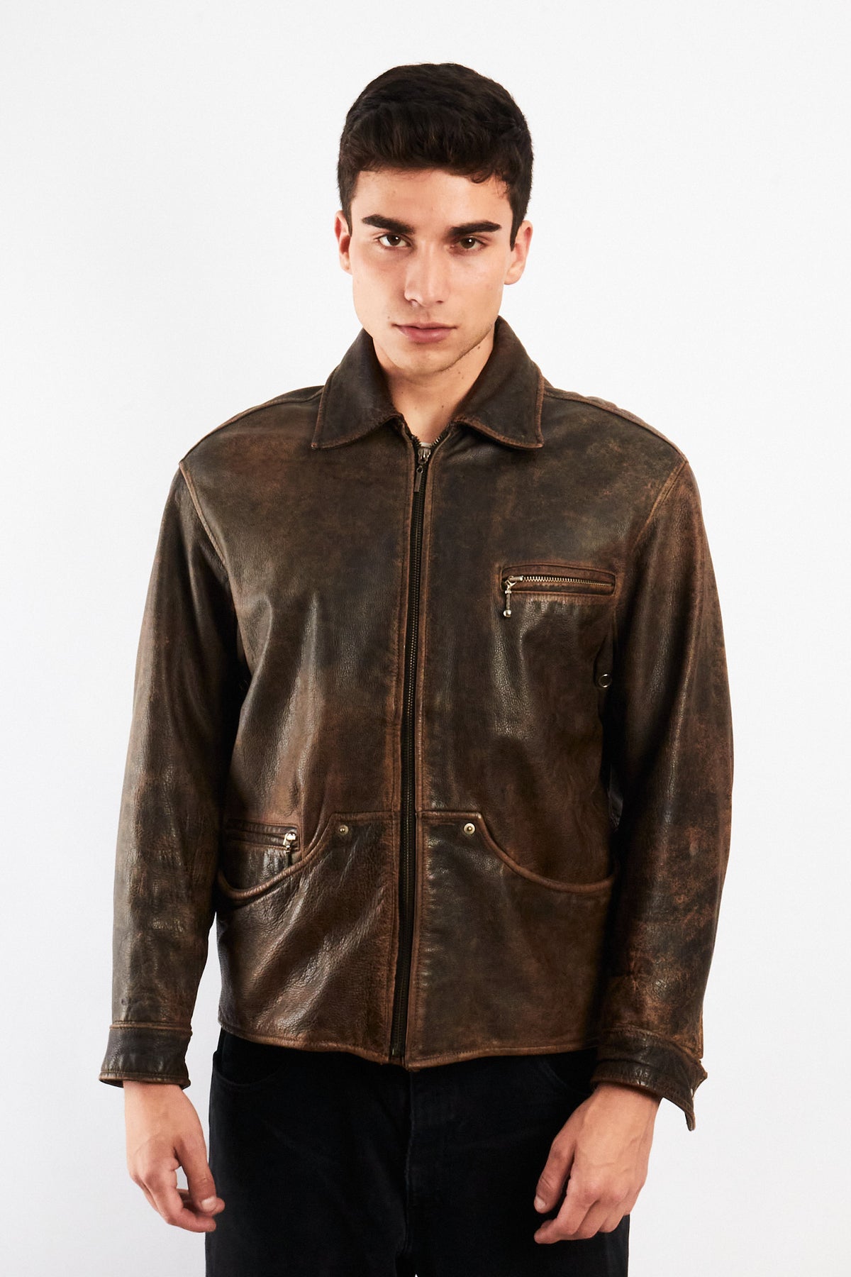1990 Vintage Winlit Distressed Leather Utility Jacket (M)