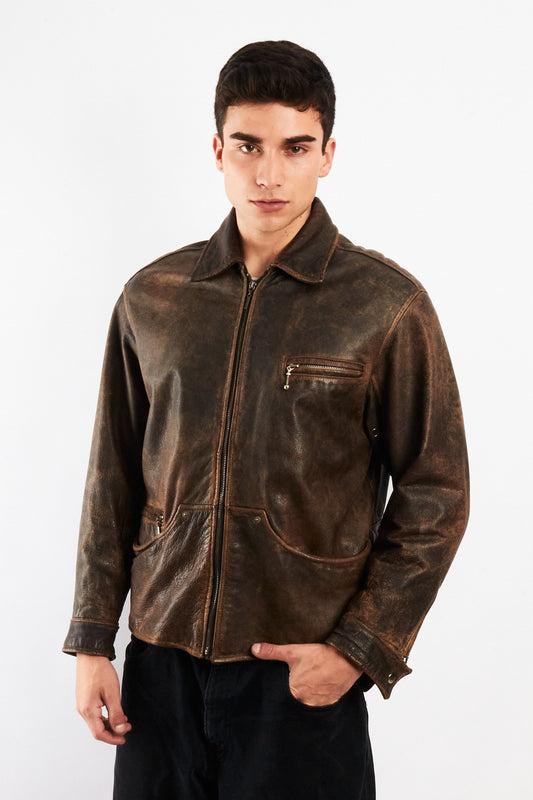 1990 Vintage Winlit Distressed Leather Utility Jacket (M)