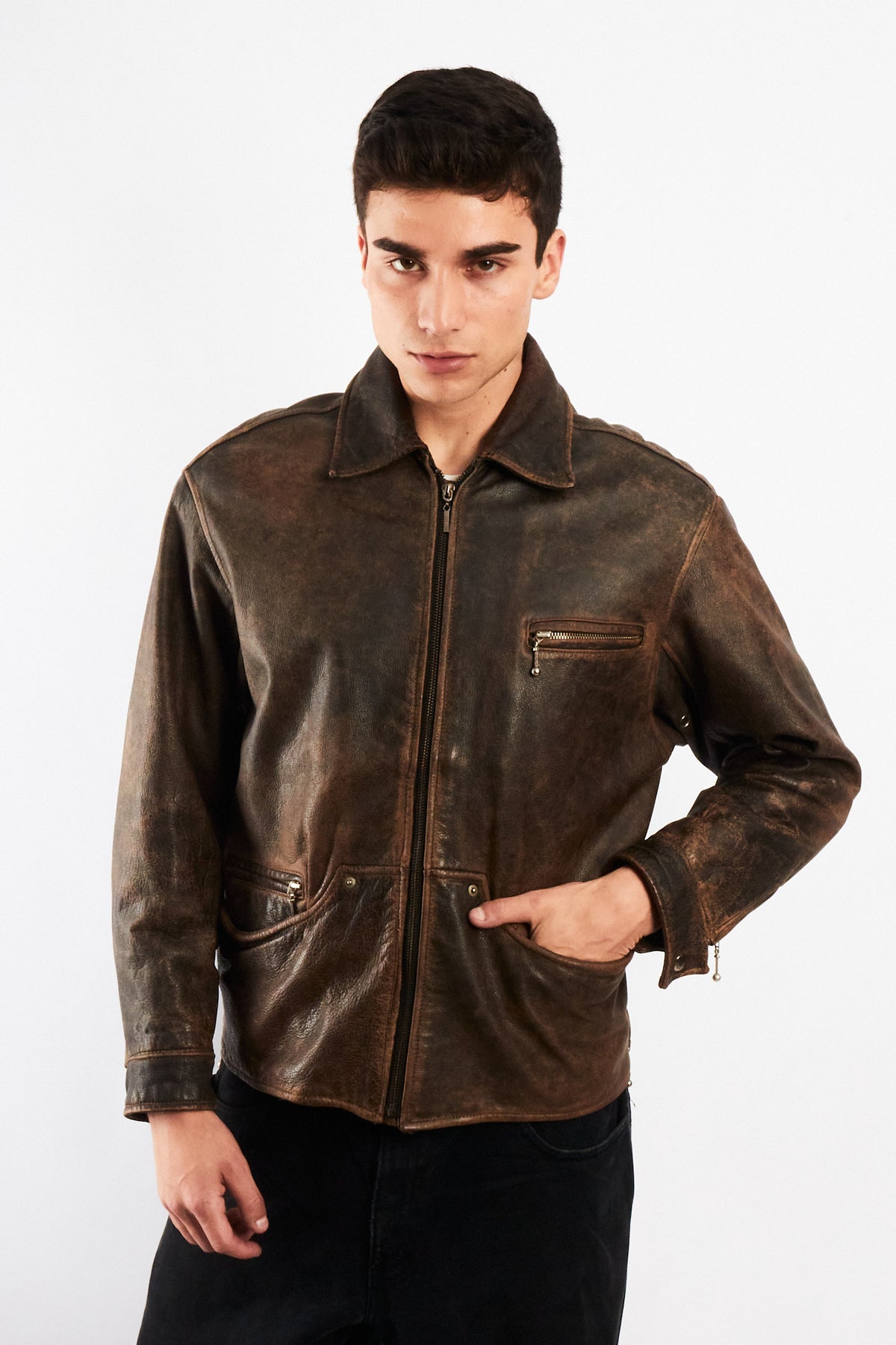 1990 Vintage Winlit Distressed Leather Utility Jacket (M)
