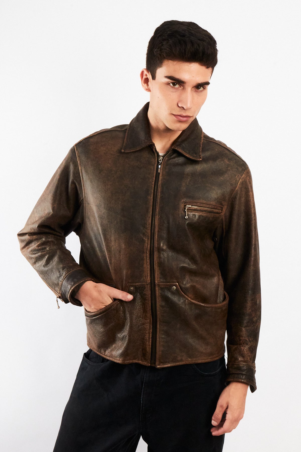 1990 Vintage Winlit Distressed Leather Utility Jacket (M)