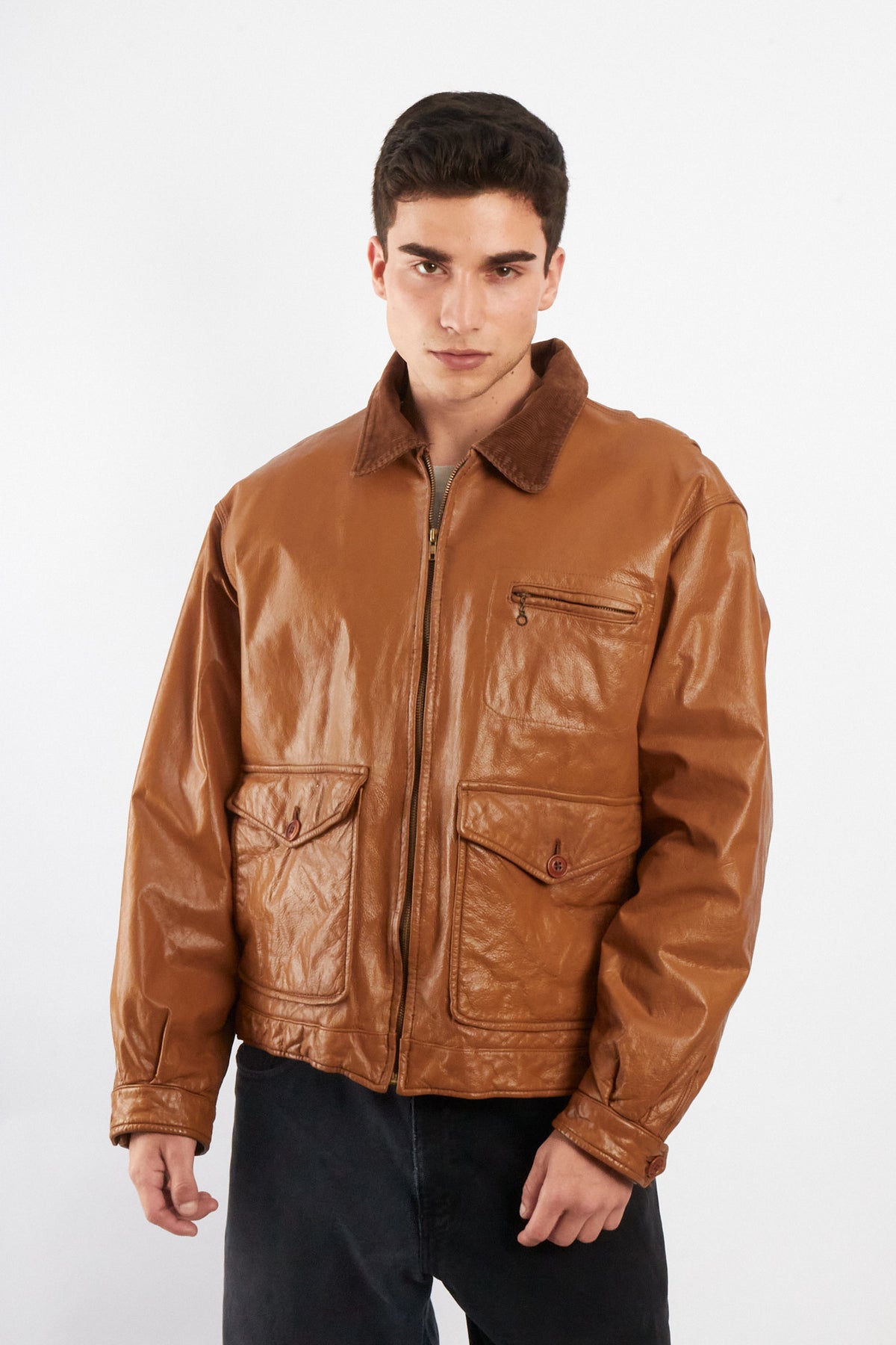 1990 Vintage Tommy Hilfiger Corduroy Collar A-2 Leather Aviator Jacket (M/L)