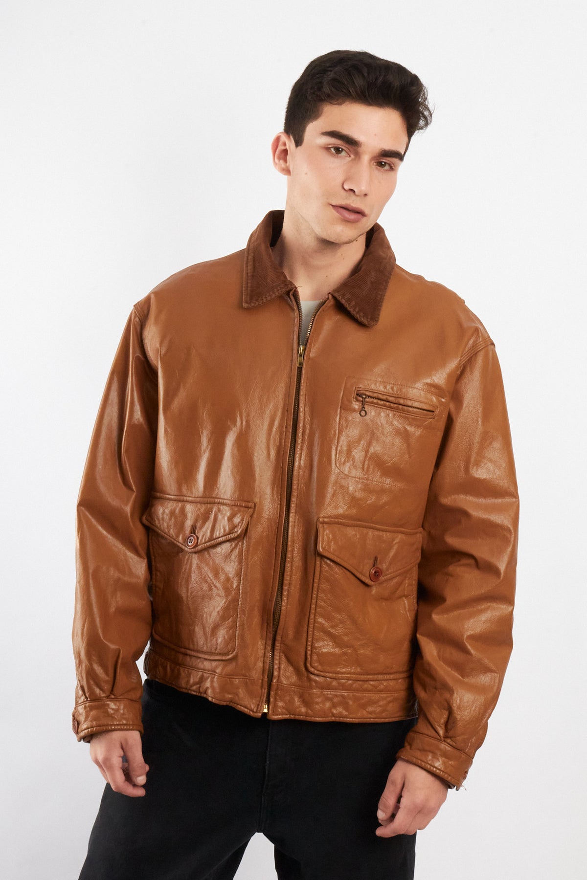 1990 Vintage Tommy Hilfiger Corduroy Collar A-2 Leather Aviator Jacket (M/L)