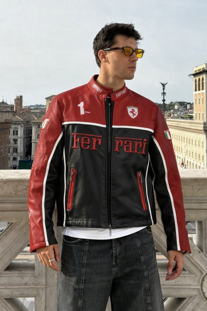 Ferrari Black, Red and White Vegan Leather Jacket