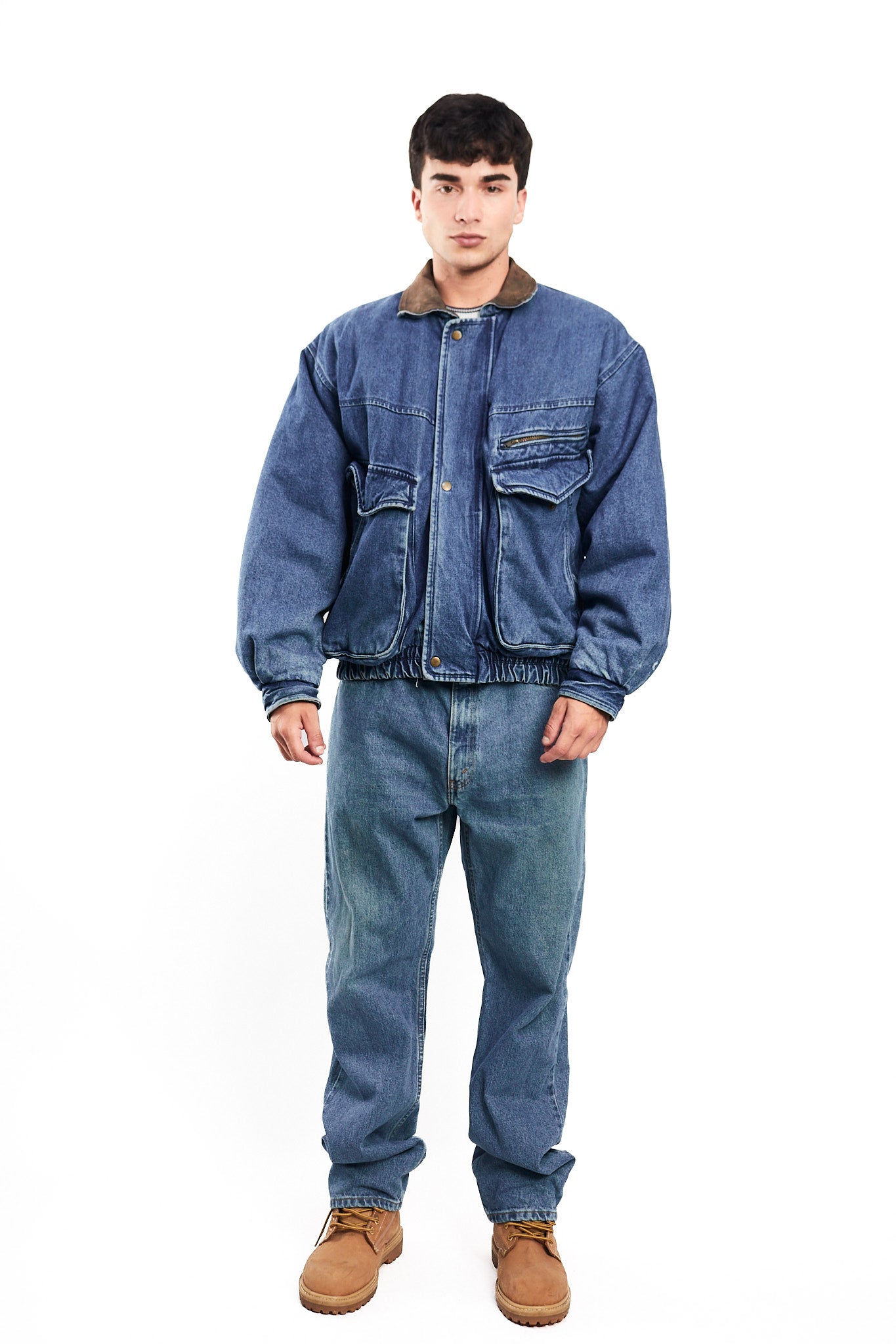 1990 Vintage Denim Leather Collar Denim Jacket (M)