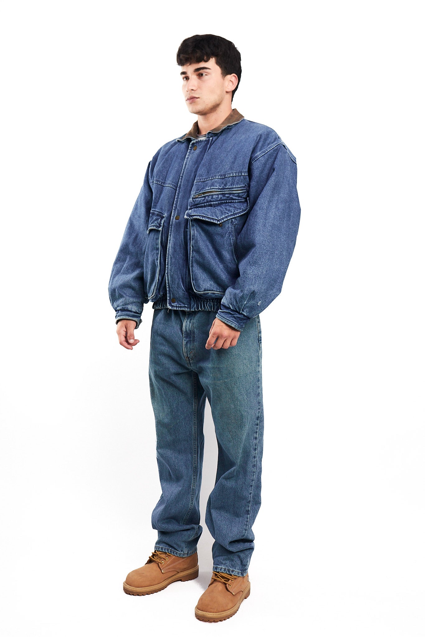 1990 Vintage Denim Leather Collar Denim Jacket (M)