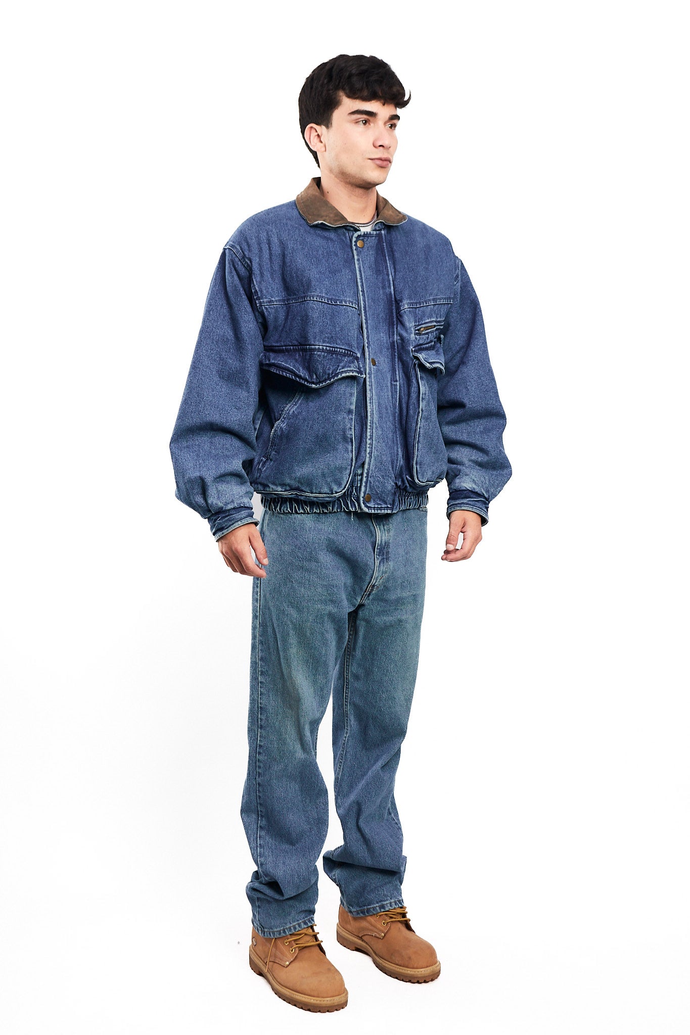 1990 Vintage Denim Leather Collar Denim Jacket (M)