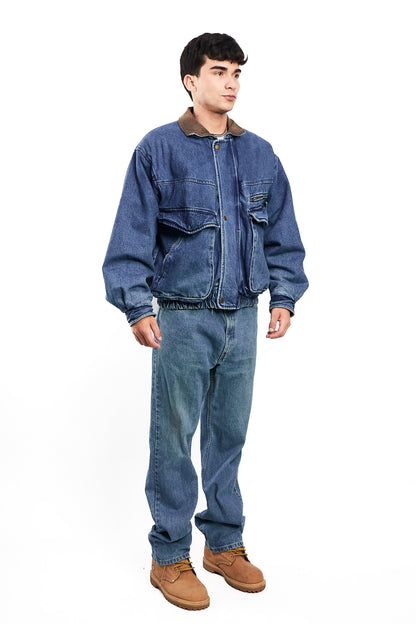 1990 Vintage Denim Leather Collar Denim Jacket (M)