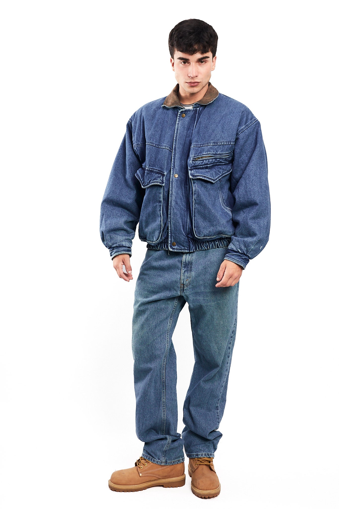 1990 Vintage Denim Leather Collar Denim Jacket (M)