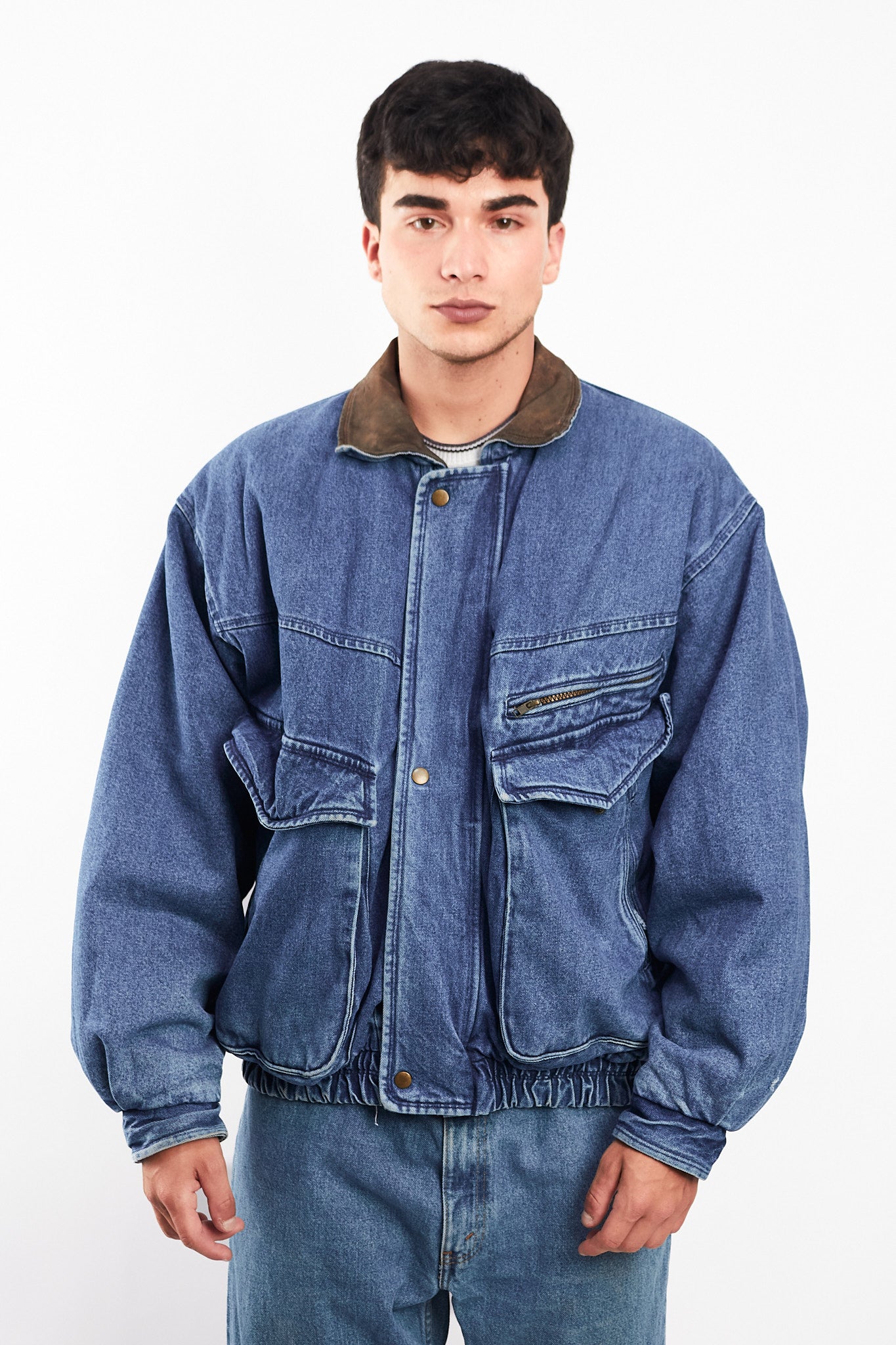 1990 Vintage Denim Leather Collar Denim Jacket (M)