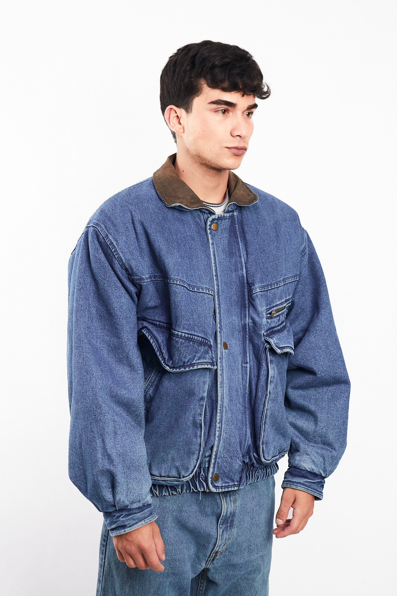 1990 Vintage Denim Leather Collar Denim Jacket (M)