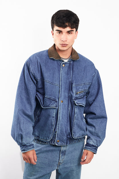 1990 Vintage Denim Leather Collar Denim Jacket (M)