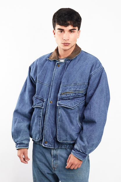 1990 Vintage Denim Leather Collar Denim Jacket (M)