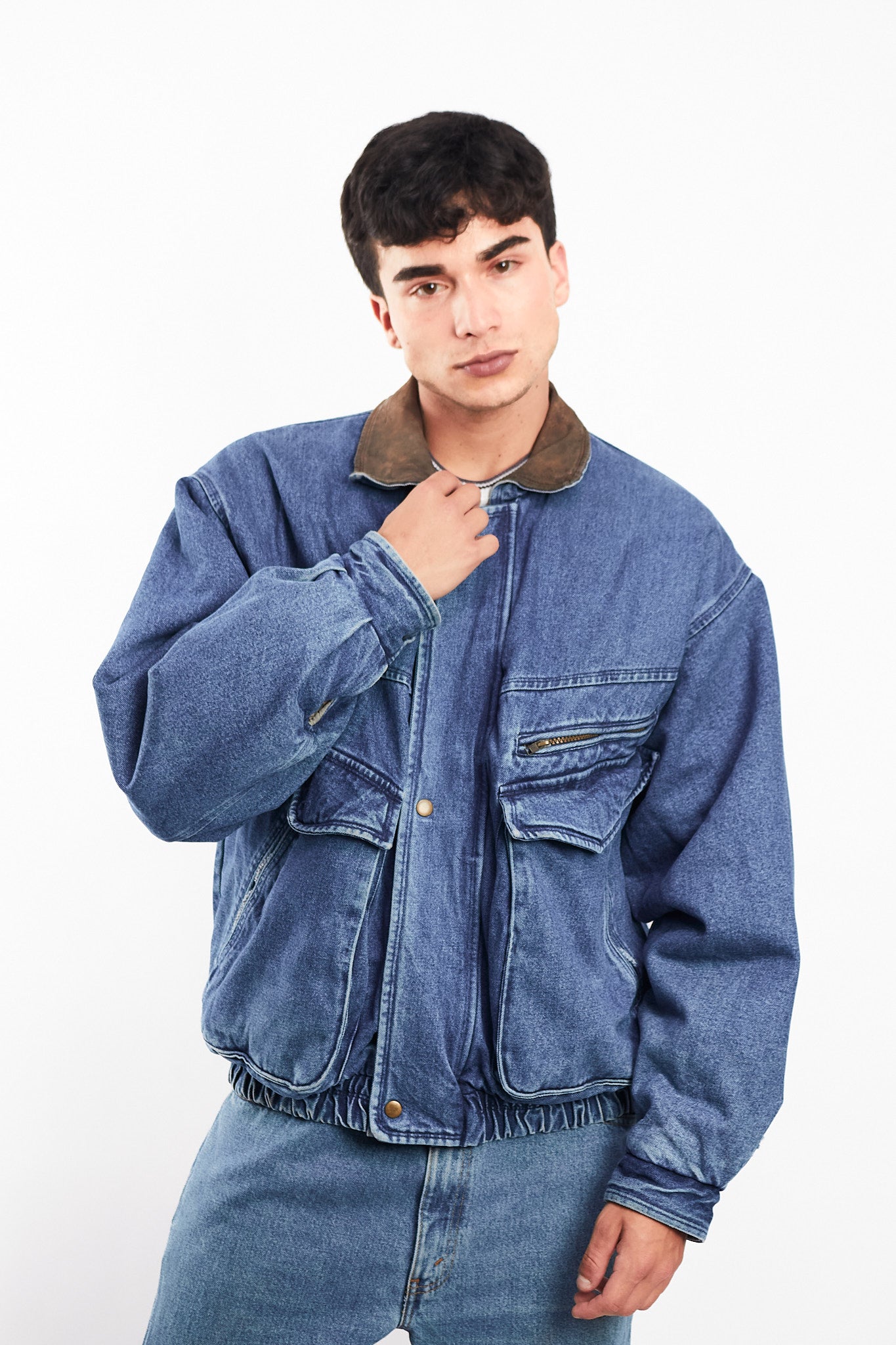 1990 Vintage Denim Leather Collar Denim Jacket (M)