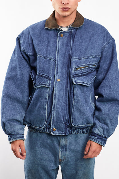 1990 Vintage Denim Leather Collar Denim Jacket (M)