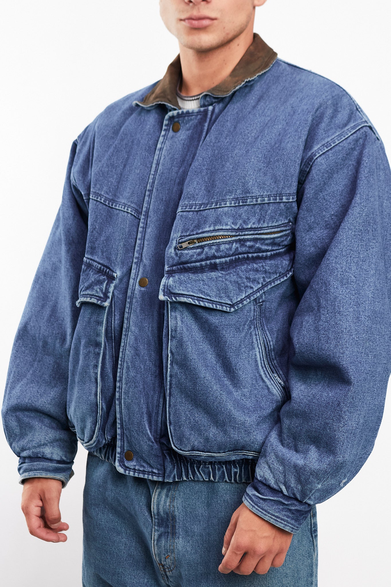 1990 Vintage Denim Leather Collar Denim Jacket (M)