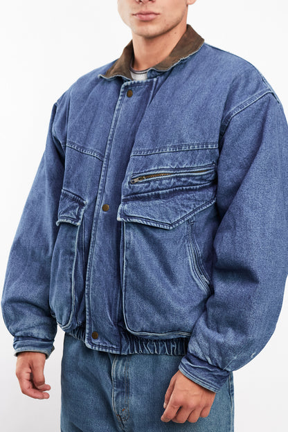 1990 Vintage Denim Leather Collar Denim Jacket (M)