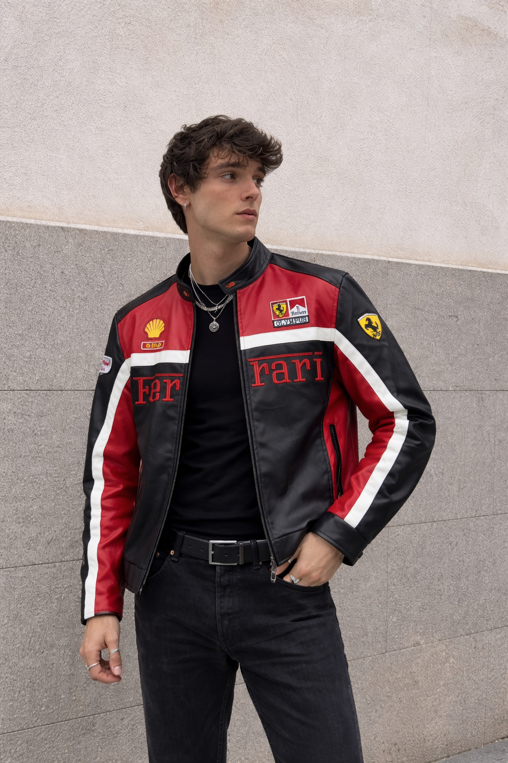 Ferrari Black and Red Vegan Leather Jacket