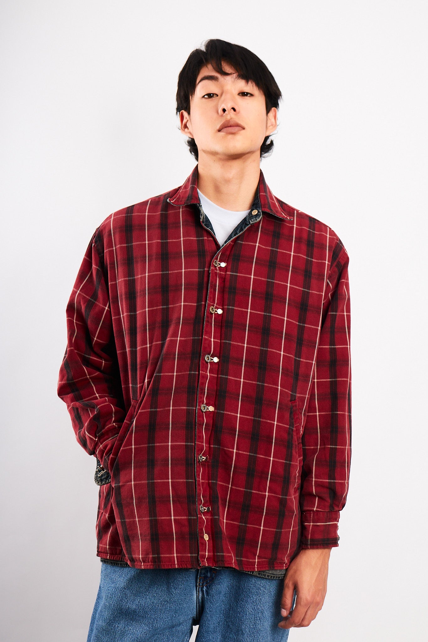 2000 Vintage Tommy Motorcycle Reversible Denim/Tartan Jacket (M/L)