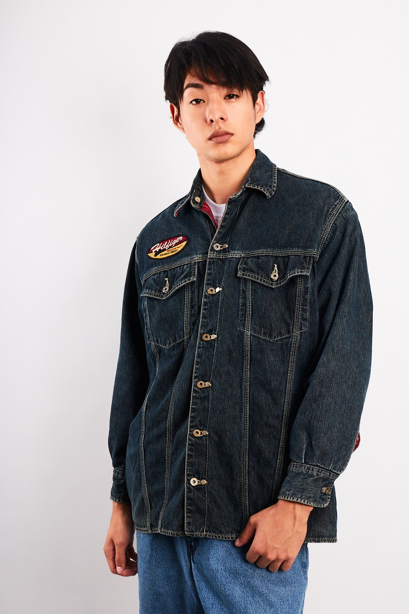 2000 Vintage Tommy Motorcycle Reversible Denim/Tartan Jacket (M/L)
