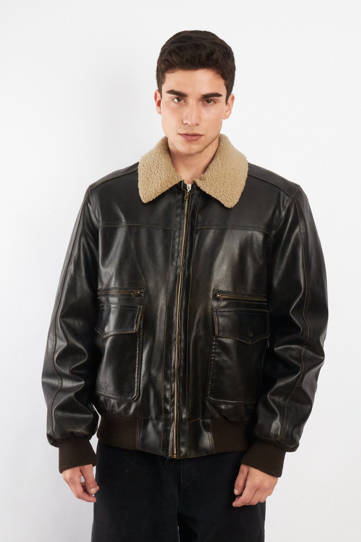 2000 Vintage Levi's Distressed Vegan Leather A-2 Sherpa Aviator (M/L)