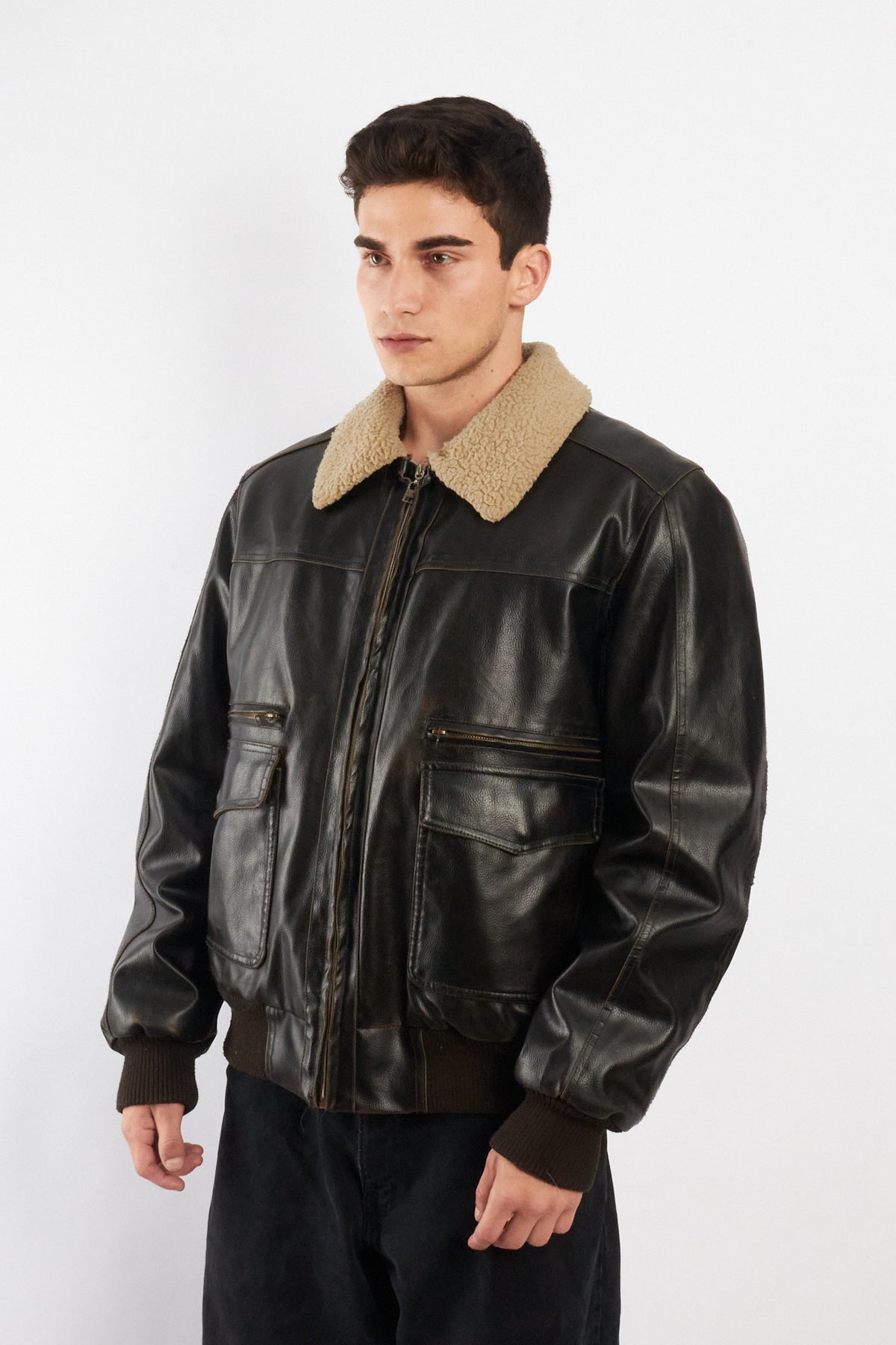 2000 Vintage Levi's Distressed Vegan Leather A-2 Sherpa Aviator (M/L)